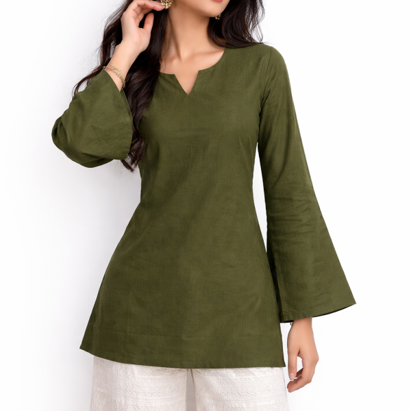 Solid Cotton Kurti - Olive Green