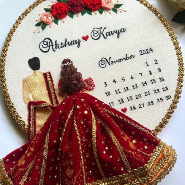 Personalized Embroidery Hoop Art with Calendar(Maroon Red) – Couple Theme