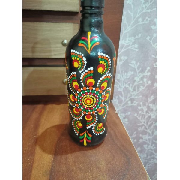 Hand Painted Decorative Bottle (Glossy black) – Embroidery Art Style