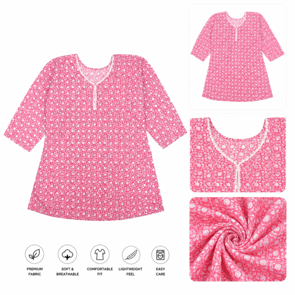 Women's Pink Floral Printed Cotton Blend Straight Kurti | Round Neck | 3/4 Sleeves | Casual & Daily Wear