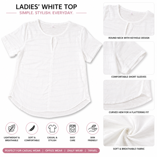 Women's White Textured Casual Top | Round Neck with Keyhole | Half Sleeves | Everyday Wear