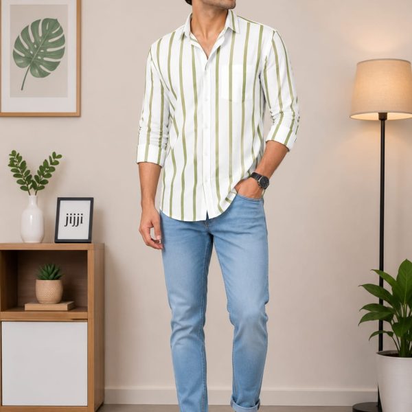 Men's White & Olive Green Vertical Stripe Casual Shirt | Full Sleeve Regular Fit | Premium Cotton Blend Shirt