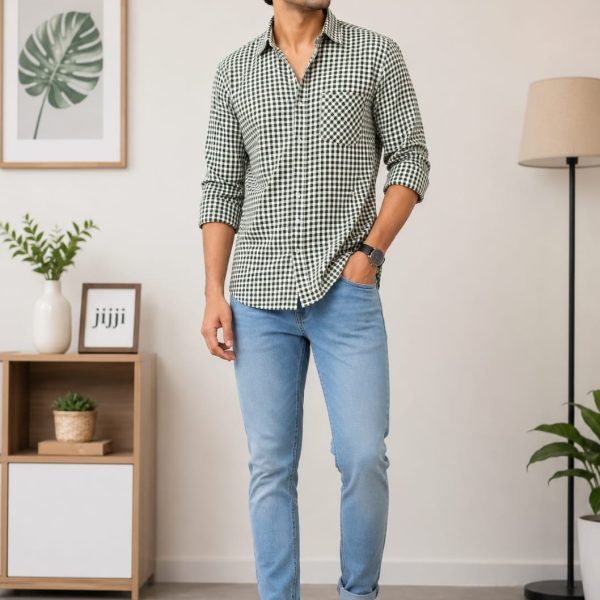 Men's Green & White Checked Casual Shirt | Full Sleeve Regular Fit | Cotton Blend Check Shirt