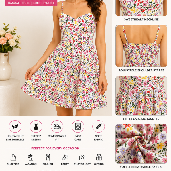 Women's White Floral Print Fit & Flare Mini Dress | Sleeveless Sweetheart Neck Dress | Casual Summer Western Wear