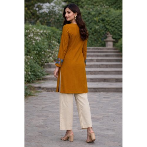 Mukhtalif Aari Embroidered Kashmiri Pheran Dark Yellow Kurti with Blue Design2