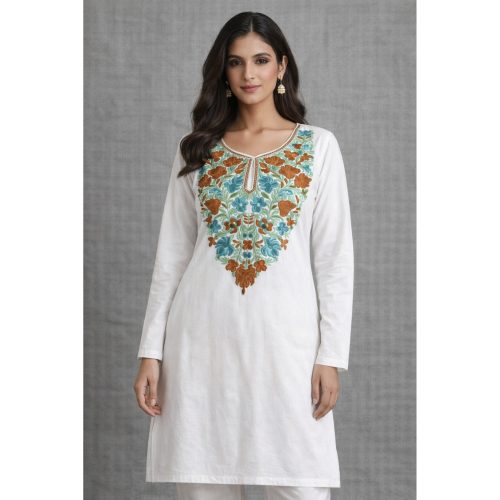 Mukhtalif Aari Embroidered Kashmiri Pheran Kurti with Brown Rose
